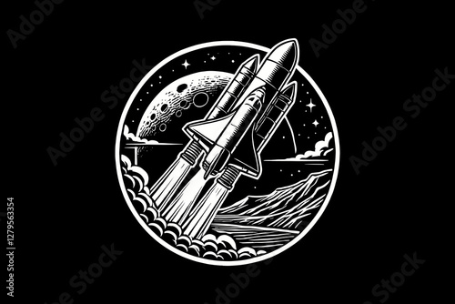 Rocket Launch Into Outer Space Black and White graphic design Illustration