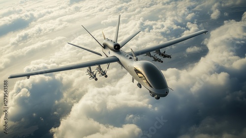 Armed drone aircraft soaring above clouds at sunset, military technology