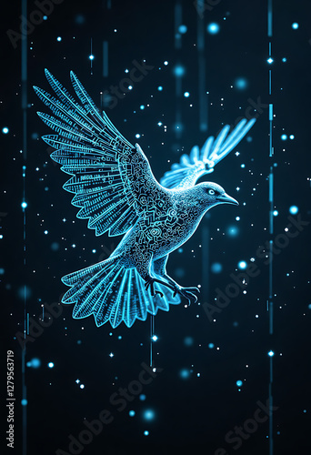 
Digital Glowing Bird, Cyberpunk Style, Blue, Data Freedom Concept

