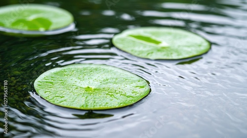 Lily pads on water surface, tranquil nature scene, showcasing calm water reflections, perfect for wallpaper or desktop background