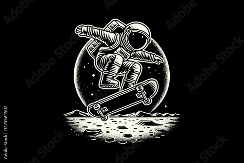 Astronaut kid in Space Suit with cartoon Black and White graphic design Illustration