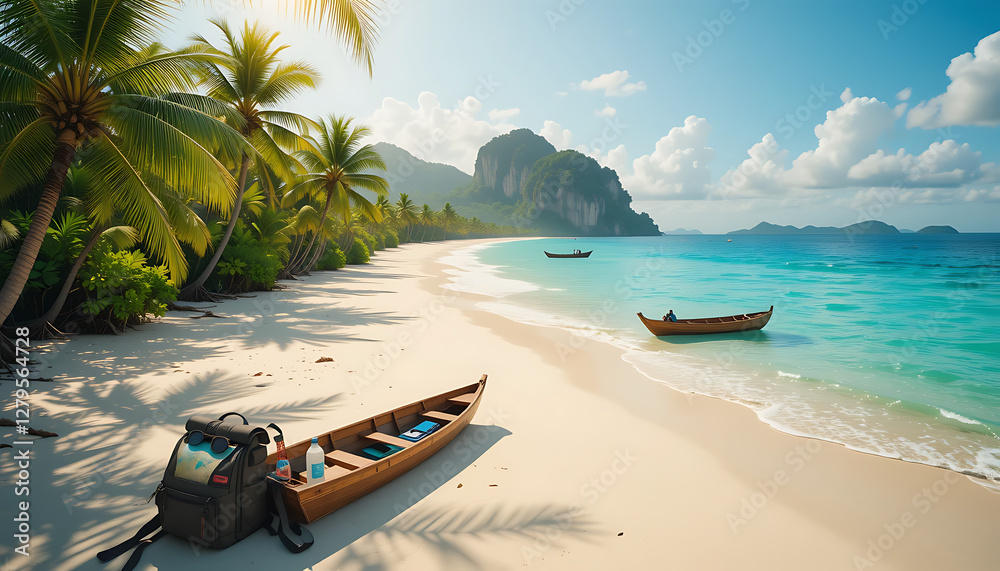 Breathtaking Tropical Beach with Wooden Boat Scenic, Beach with Turquoise Water and White Sand