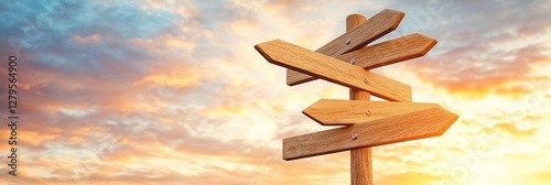 Wooden signpost with multiple arrows pointing in different directions against a beautiful sunset sky, symbolizing choices, decisions, and the concept of fobo - fear of better options - photo