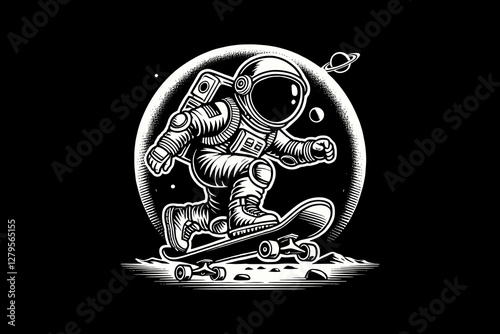Astronaut kid in Space Suit with cartoon Black and White graphic design Illustration