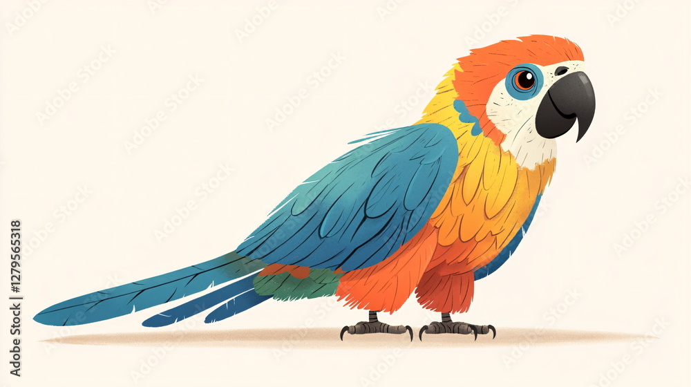 Obraz premium Vibrant Colorful Parrot in Flight – Artistic Illustration for kids of a Tropical Bird with Bright Feathers on light background