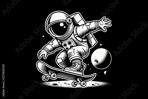 Astronaut kid in Space Suit with cartoon Black and White graphic design Illustration