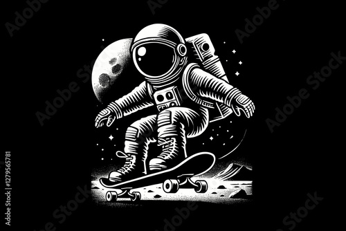 Astronaut kid in Space Suit with cartoon Black and White graphic design Illustration