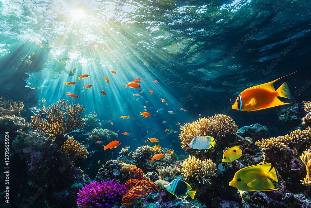 Fototapeta premium Vibrant underwater coral reef ecosystem with tropical fish and sunlight rays creating a stunning marine scenery