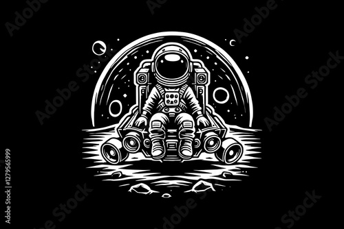 Astronaut kid in Space Suit with cartoon Black and White graphic design Illustration