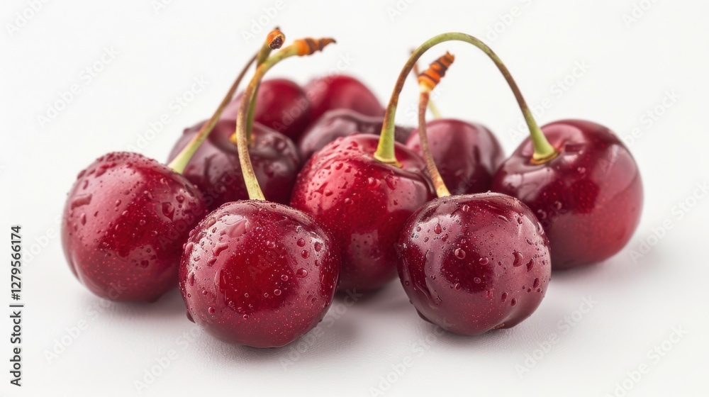 A cluster of ripe and juicy cherries with their deep red color, isolated on a pristine white background A cluster of ripe and juicy cherries with their deep red color, isolated on a pristine white background