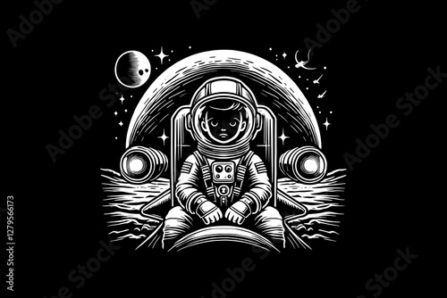 Astronaut kid in Space Suit with cartoon Black and White graphic design Illustration