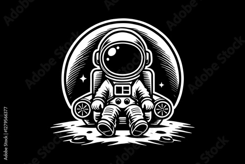 Astronaut kid in Space Suit with cartoon Black and White graphic design Illustration