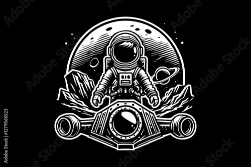 Astronaut kid in Space Suit with cartoon Black and White graphic design Illustration