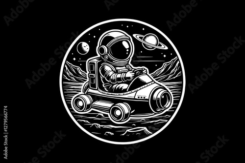 Astronaut kid in Space Suit with cartoon Black and White graphic design Illustration