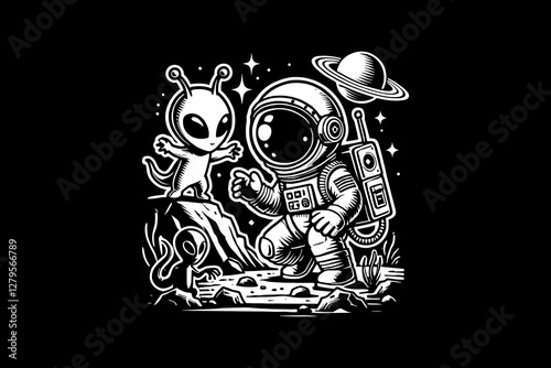 Astronaut kid in Space Suit with cartoon Black and White graphic design Illustration