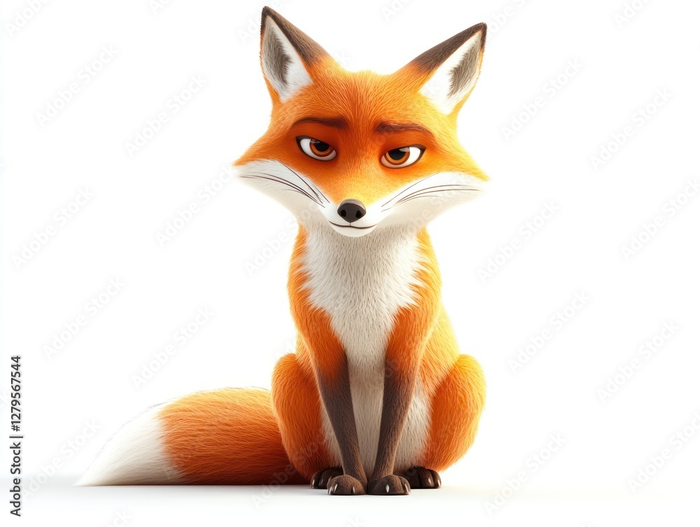 Fototapeta premium Cartoon fox is sitting on its back legs and looking at the camera. The fox is orange and has a serious expression on its face