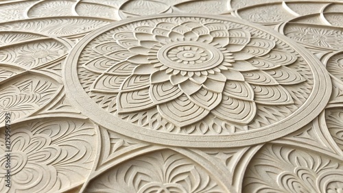 Intricate beige stone carving with a radial floral pattern, showcasing detailed craftsmanship and ornate texture for architectural or decorative use