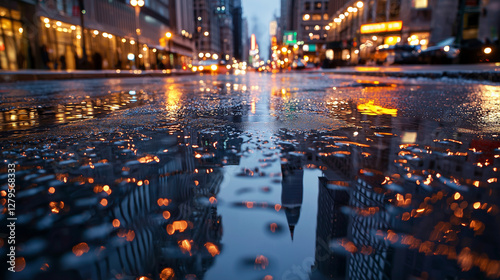 Urban reflections on wet pavement showcasing beautiful architecture,light photo