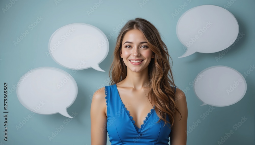 A young woman stands confidently in front of a soft blue backdrop, smiling brightly. Surrounding her are playful speech bubbles, suggesting lively conversations and joyful exchanges A young woman stands confidently in front of a soft blue backdrop, smiling brightly. Surrounding her are playful speech bubbles, suggesting lively conversations and joyful exchanges
