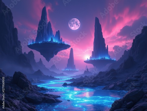 Mysterious Alien World. Surreal Landscape with Floating Rock Formations, bioluminescent river.Sci-fi movies, video game concept art, immersive fantasy book illustrations, futuristic branding,wallpaper