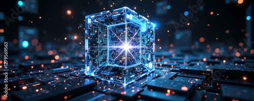 Machine Learning Cube, Glowing Layers, AI Algorithms, Sci-Fi Concept