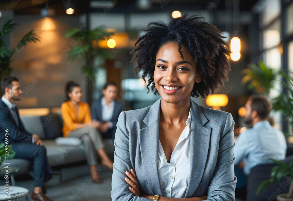 Beautiful confident smiling African American business woman talking with colleagues at lobby, female manager, people background, diversity at workplace