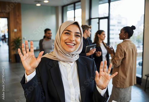 Beautiful confident smiling Muslim business woman talking with colleagues at lobby, business meeting, people background,