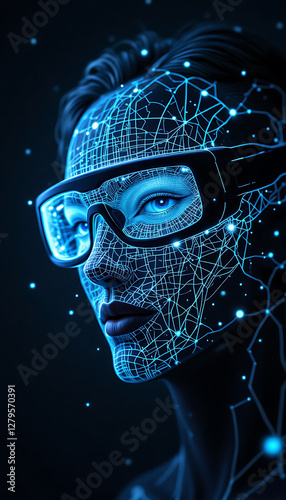Woman in AR Glasses, City Map Overlay, Digital Wireframe, Holographic

