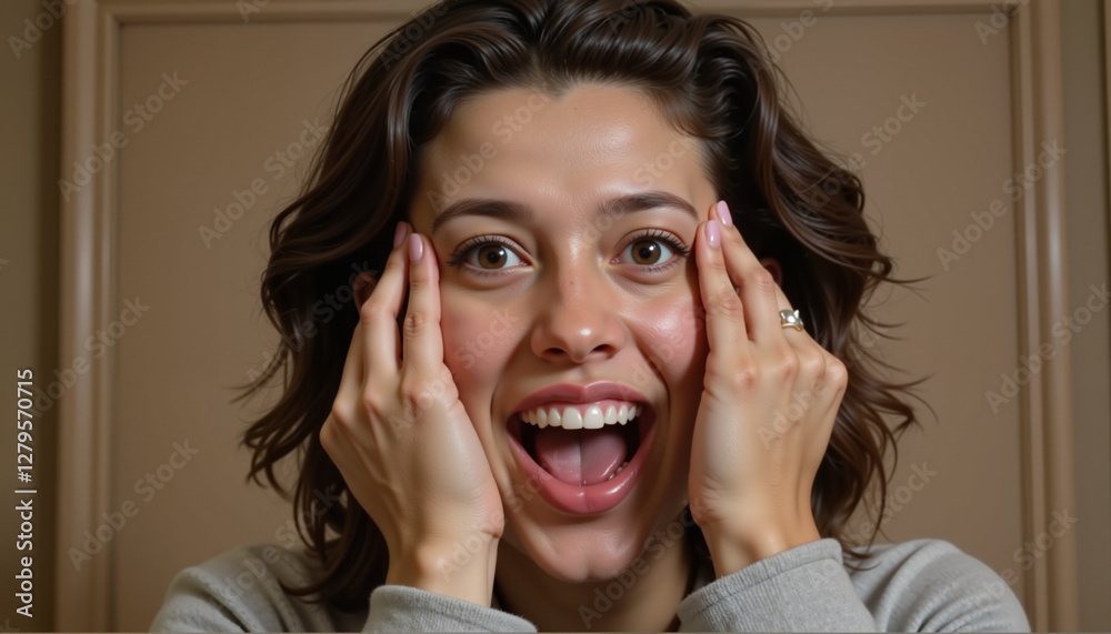 Joyful woman expressing excitement at home, emotional celebration Joyful woman expressing excitement at home, emotional celebration