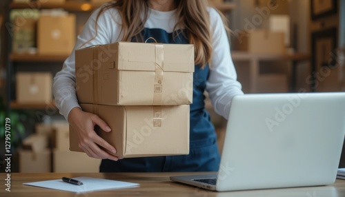 Amidst a warm and inviting workspace filled with boxes, a person carries two neatly wrapped packages, focused on managing shipping tasks efficiently and creatively