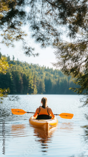 Young woman kayaking in a tranquil lake environment for outdoor recreation and adventure