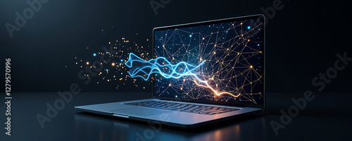 Laptop, Abstract Energy Wave, Digital Network, Technology Concept