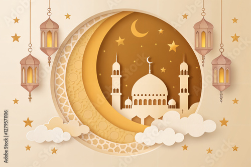 Ramadan Kareem Celebration with Golden Crescent Moon and Mosque