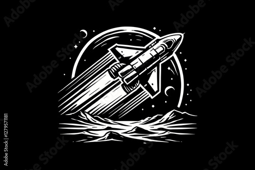 Rocket Launch Into Outer Space Black and White graphic design Illustration