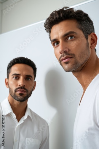 they are two men standing next to each other in a room