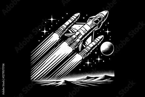 Rocket Launch Into Outer Space Black and White graphic design Illustration