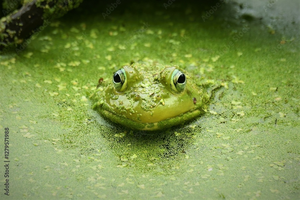A frog with algae and duckweed stares at the viewer.