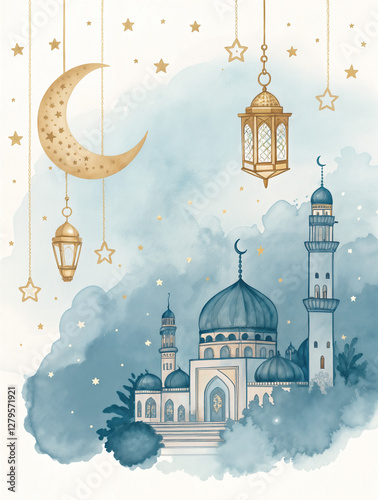 Elegant Ramadan Kareem Watercolor Illustration with Mosque
