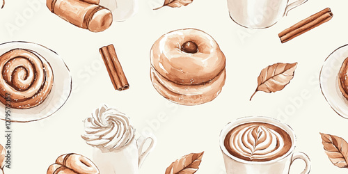 Seamless pattern featuring coffee latte and cappuccino in white porcelain cups accompanied by cinnamon rolls perfect for culinary books and cafe menus