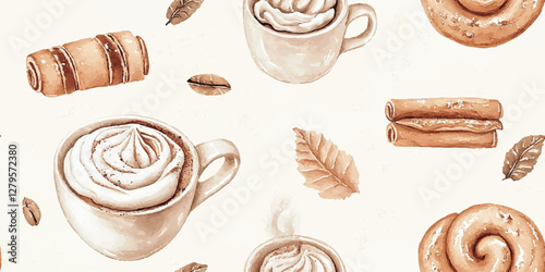 Seamless pattern featuring coffee latte and cappuccino in white porcelain cups accompanied by cinnamon rolls perfect for culinary books and cafe menus