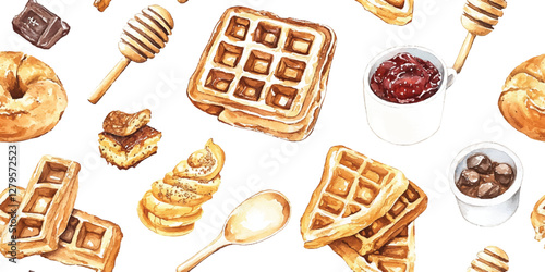 Watercolor Vector seamless pattern of waffles with chocolate, berries, honey, coffee on a white background, charming design