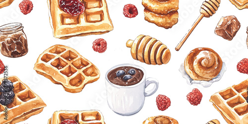 Watercolor Vector seamless pattern of waffles with chocolate, berries, honey, coffee on a white background, charming design