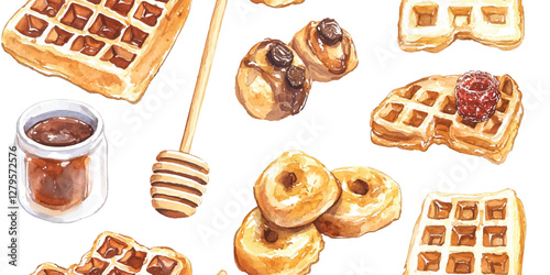 Watercolor Vector seamless pattern of waffles with chocolate, berries, honey, coffee on a white background, charming design