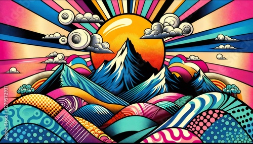 Colorful mountain landscape in pop art and retro comic book style