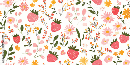 Watercolor seamless pattern with vintage strawberry branch with berries, leaves and flowers. Isolated on white