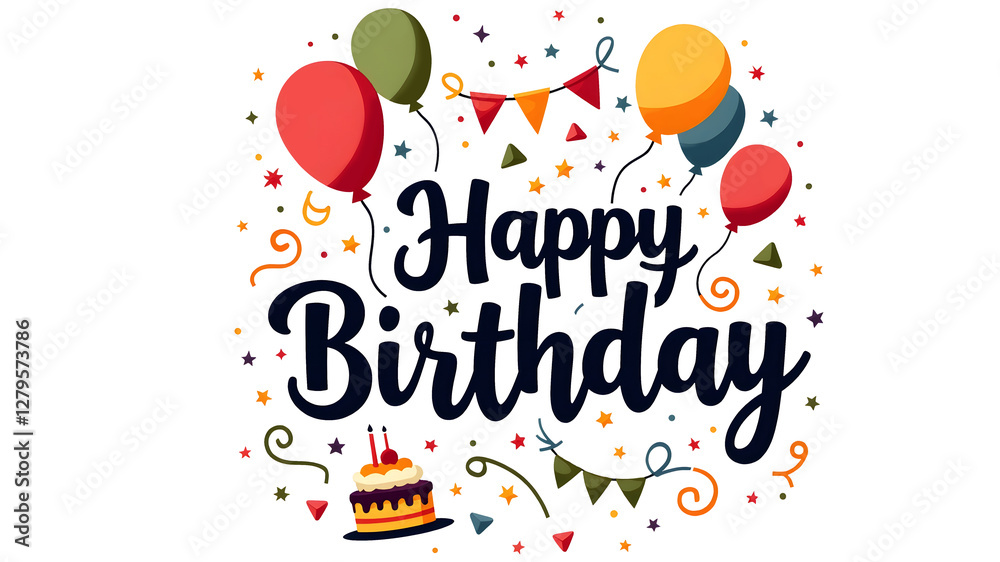Fototapeta premium Happy Birthday Text Surrounded by Vibrant Party Balloons, Festive and Joyful Celebration Theme with transparent background