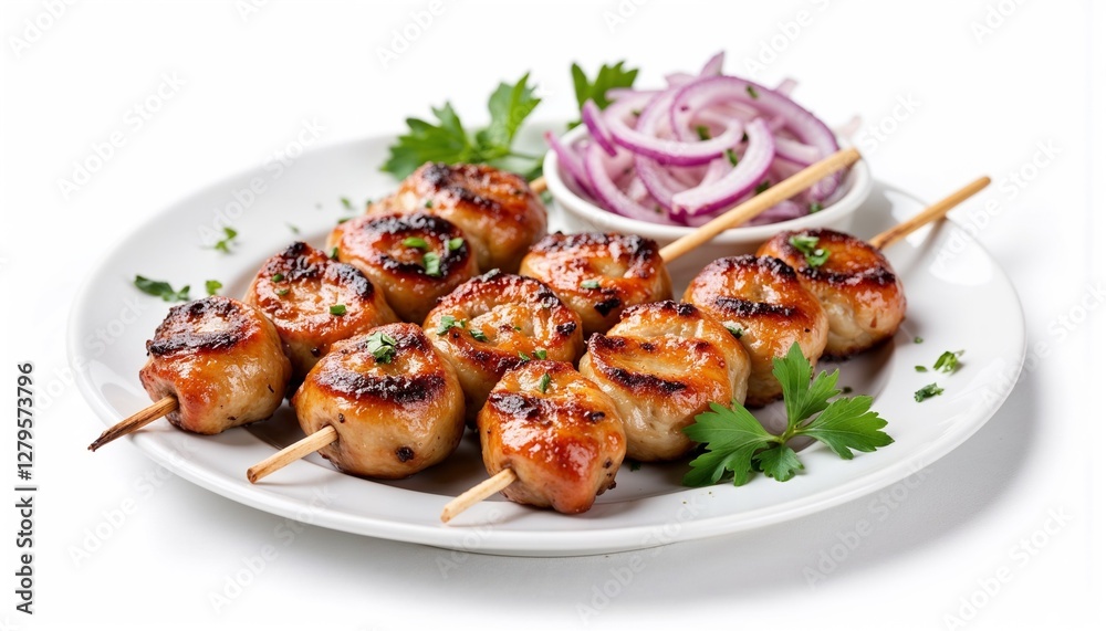 grilled chicken skewers with fresh parsley and sliced red onions on white plate, healthy and flavorful barbecue dish grilled chicken skewers with fresh parsley and sliced red onions on white plate, healthy and flavorful barbecue dish