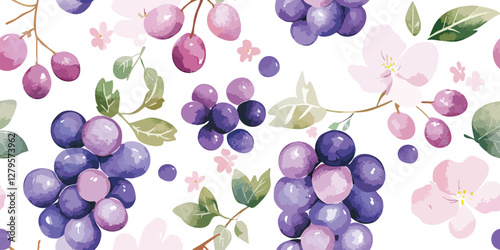 Watercolor hand drawn grapes and flowers seamless pattern, red grapes plant and leaves repeat pattern illustration