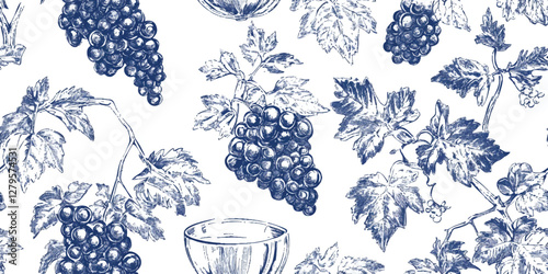 Blue Chinoiserie vector seamless pattern with Intricate Grape Vine Design in blue color and foliage reminiscent of classic Chinese porcelain art on white background