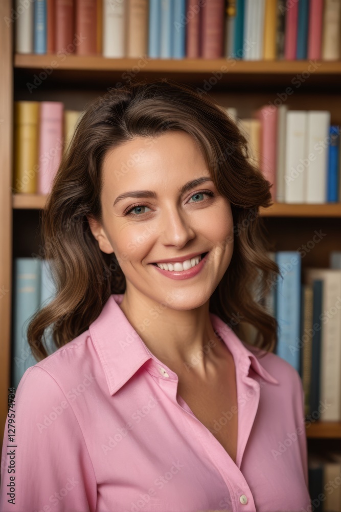 smiling woman in pink shirt in front of bookshelf with many books smiling woman in pink shirt in front of bookshelf with many books